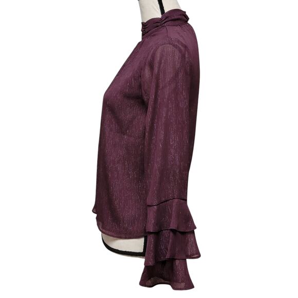 Purple Blouse Womens Sz XS Sparkle Sheer Ruffle‎ Sleeve Keyhole Whimsygoth Party - Picture 5 of 8